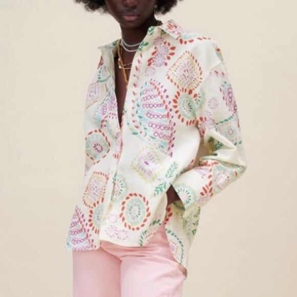 Zara Linen Button-Up Shirt Womens XS White Floral Casual Summer Basic Feminine - Picture 1 of 9